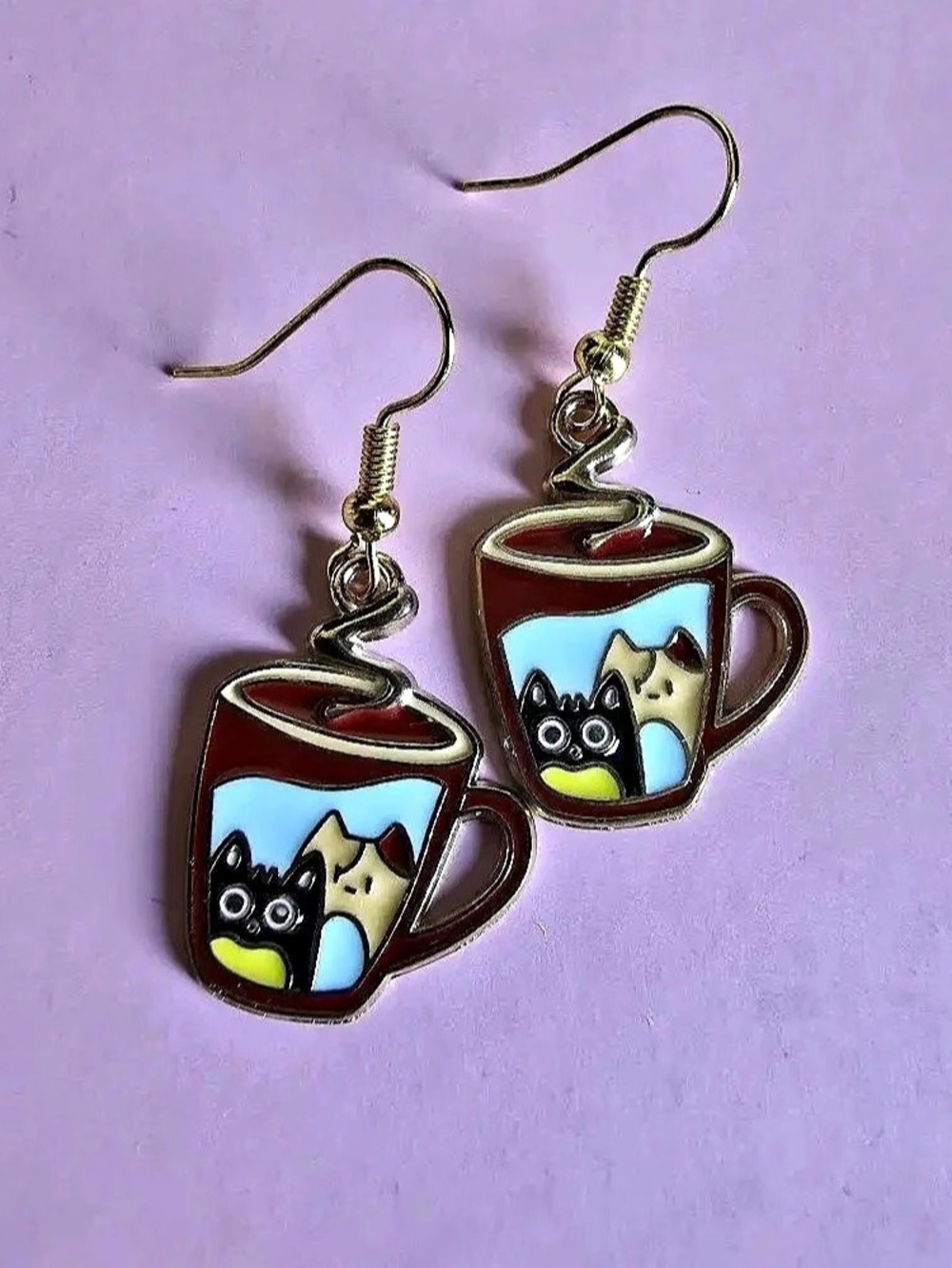 Cat Coffee Cup Dangle Earrings